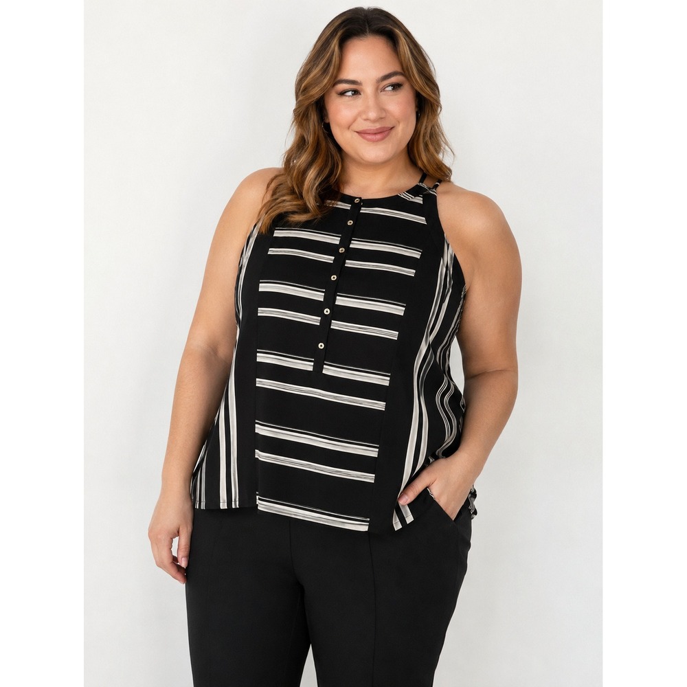 Calvin Klein Womens XL Black White Striped Halter Neck Button Front‎ Blouse Top